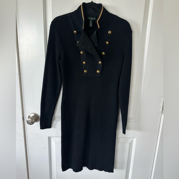 Lauren Ralph Lauren Midi Black Knit Sweater Dress High Collar Gold Accents Sz M - Picture 3 of 11